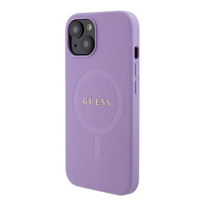 iPhone 15 Kılıf Guess Orjinal Lisanslı M-safe Şarj Özellikli Yazı Logolu Saffiano Kapak
