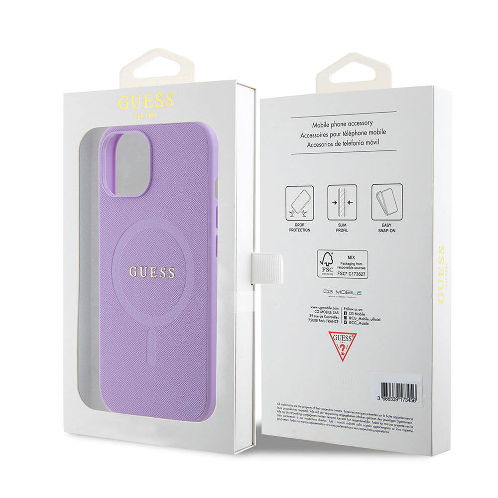 iPhone 15 Kılıf Guess Orjinal Lisanslı M-safe Şarj Özellikli Yazı Logolu Saffiano Kapak