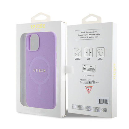 iPhone 15 Kılıf Guess Orjinal Lisanslı M-safe Şarj Özellikli Yazı Logolu Saffiano Kapak