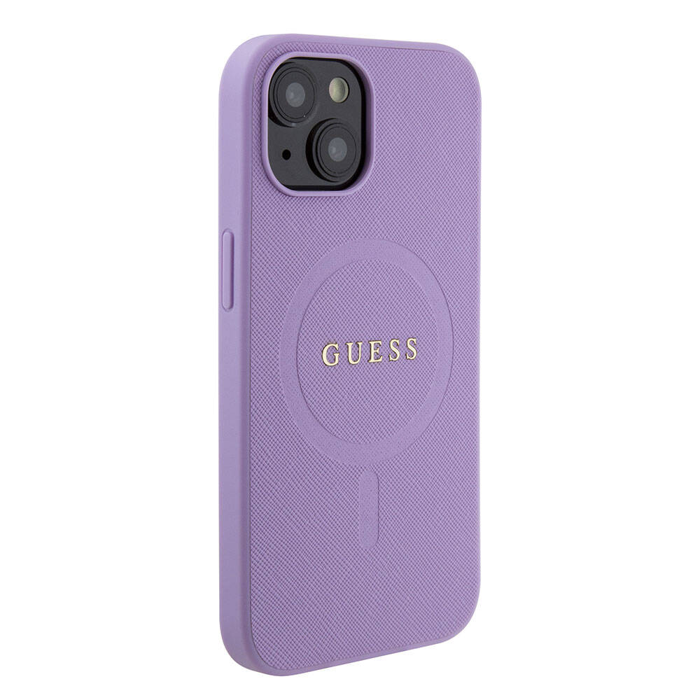 iPhone 15 Kılıf Guess Orjinal Lisanslı M-safe Şarj Özellikli Yazı Logolu Saffiano Kapak