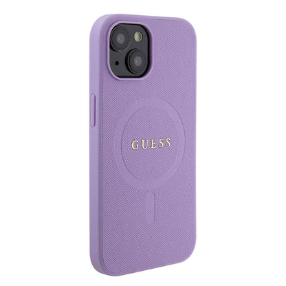 iPhone 15 Kılıf Guess Orjinal Lisanslı M-safe Şarj Özellikli Yazı Logolu Saffiano Kapak