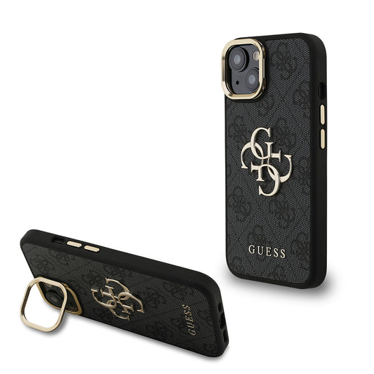 iPhone 15 Kılıf Guess Orjinal Lisanslı PU Deri 4G Desenli Metal Büyük 4G ve Yazı Logolu Kamera Standlı Kapak