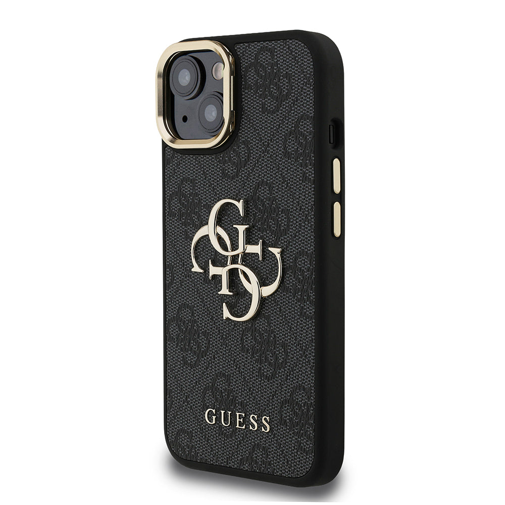 iPhone 15 Kılıf Guess Orjinal Lisanslı PU Deri 4G Desenli Metal Büyük 4G ve Yazı Logolu Kamera Standlı Kapak