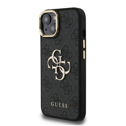 iPhone 15 Kılıf Guess Orjinal Lisanslı PU Deri 4G Desenli Metal Büyük 4G ve Yazı Logolu Kamera Standlı Kapak