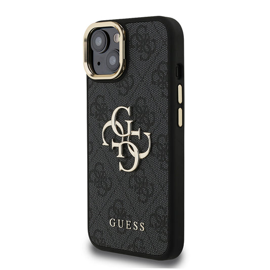 iPhone 15 Kılıf Guess Orjinal Lisanslı PU Deri 4G Desenli Metal Büyük 4G ve Yazı Logolu Kamera Standlı Kapak