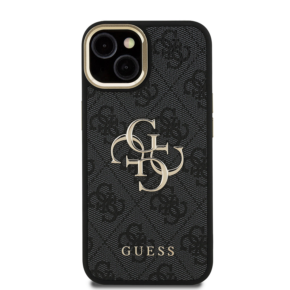 iPhone 15 Kılıf Guess Orjinal Lisanslı PU Deri 4G Desenli Metal Büyük 4G ve Yazı Logolu Kamera Standlı Kapak