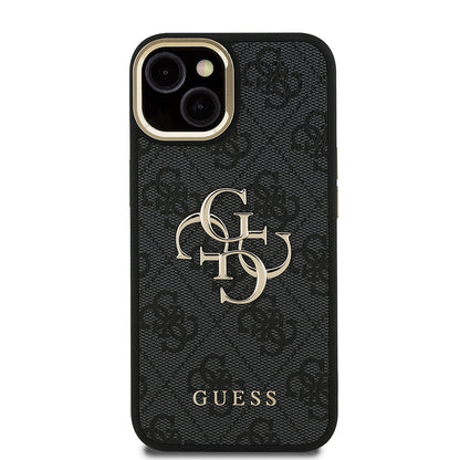 iPhone 15 Kılıf Guess Orjinal Lisanslı PU Deri 4G Desenli Metal Büyük 4G ve Yazı Logolu Kamera Standlı Kapak
