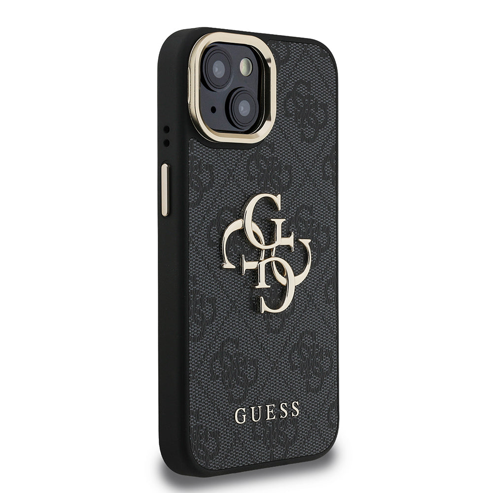 iPhone 15 Kılıf Guess Orjinal Lisanslı PU Deri 4G Desenli Metal Büyük 4G ve Yazı Logolu Kamera Standlı Kapak