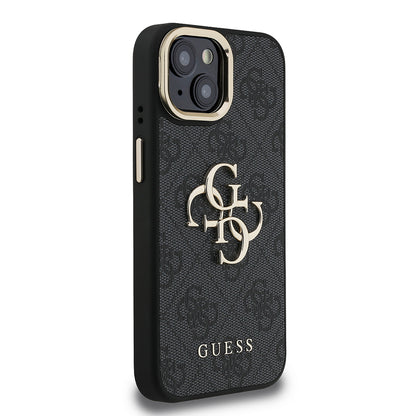 iPhone 15 Kılıf Guess Orjinal Lisanslı PU Deri 4G Desenli Metal Büyük 4G ve Yazı Logolu Kamera Standlı Kapak
