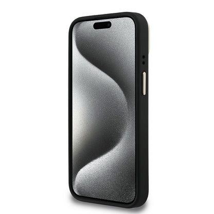 iPhone 15 Kılıf Guess Orjinal Lisanslı PU Deri 4G Desenli Metal Büyük 4G ve Yazı Logolu Kamera Standlı Kapak