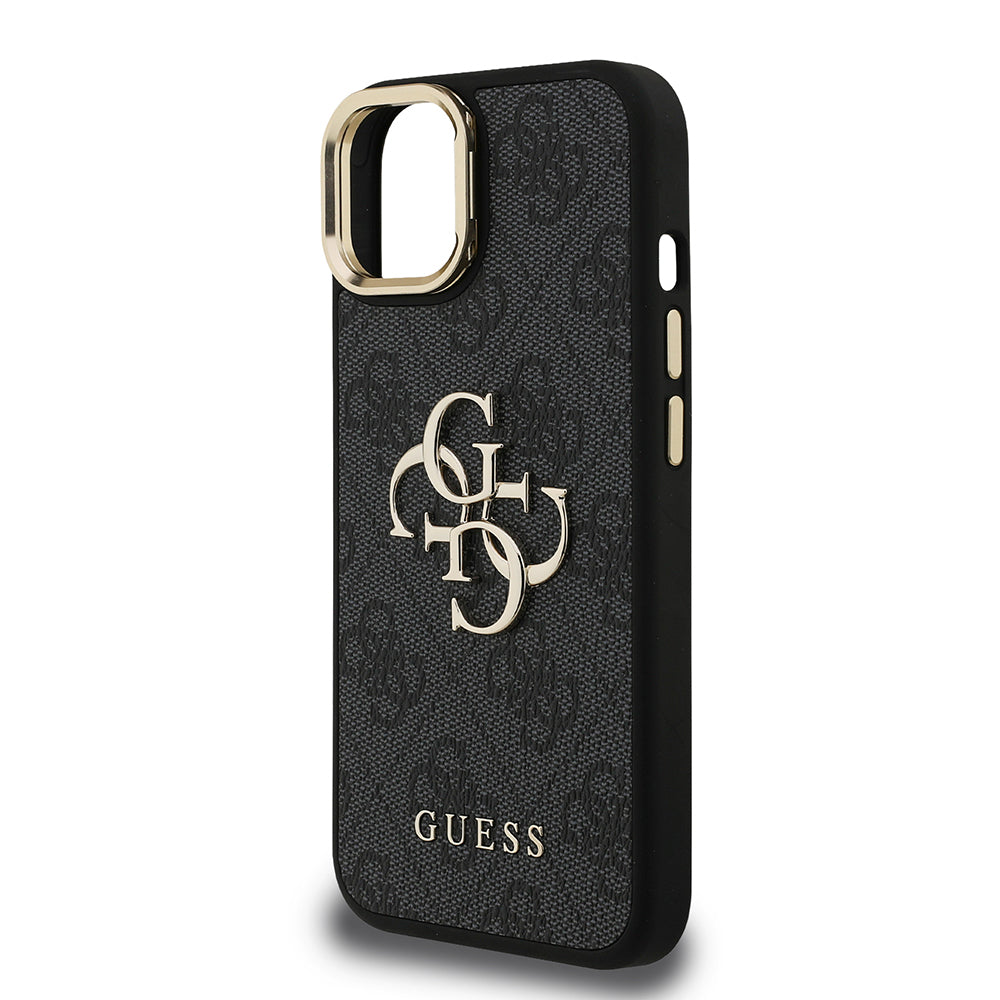 iPhone 15 Kılıf Guess Orjinal Lisanslı PU Deri 4G Desenli Metal Büyük 4G ve Yazı Logolu Kamera Standlı Kapak