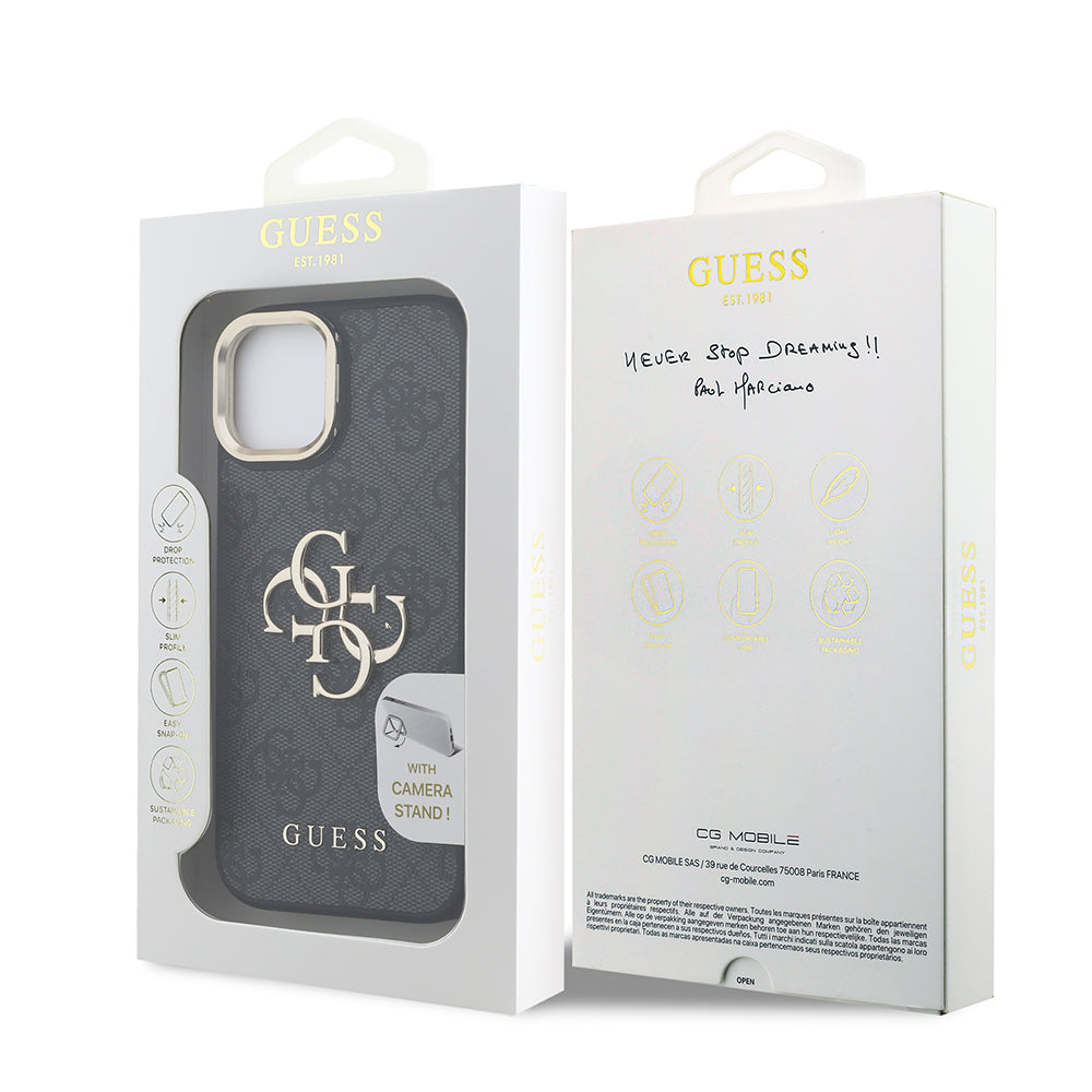 iPhone 15 Kılıf Guess Orjinal Lisanslı PU Deri 4G Desenli Metal Büyük 4G ve Yazı Logolu Kamera Standlı Kapak