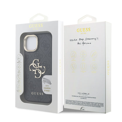 iPhone 15 Kılıf Guess Orjinal Lisanslı PU Deri 4G Desenli Metal Büyük 4G ve Yazı Logolu Kamera Standlı Kapak