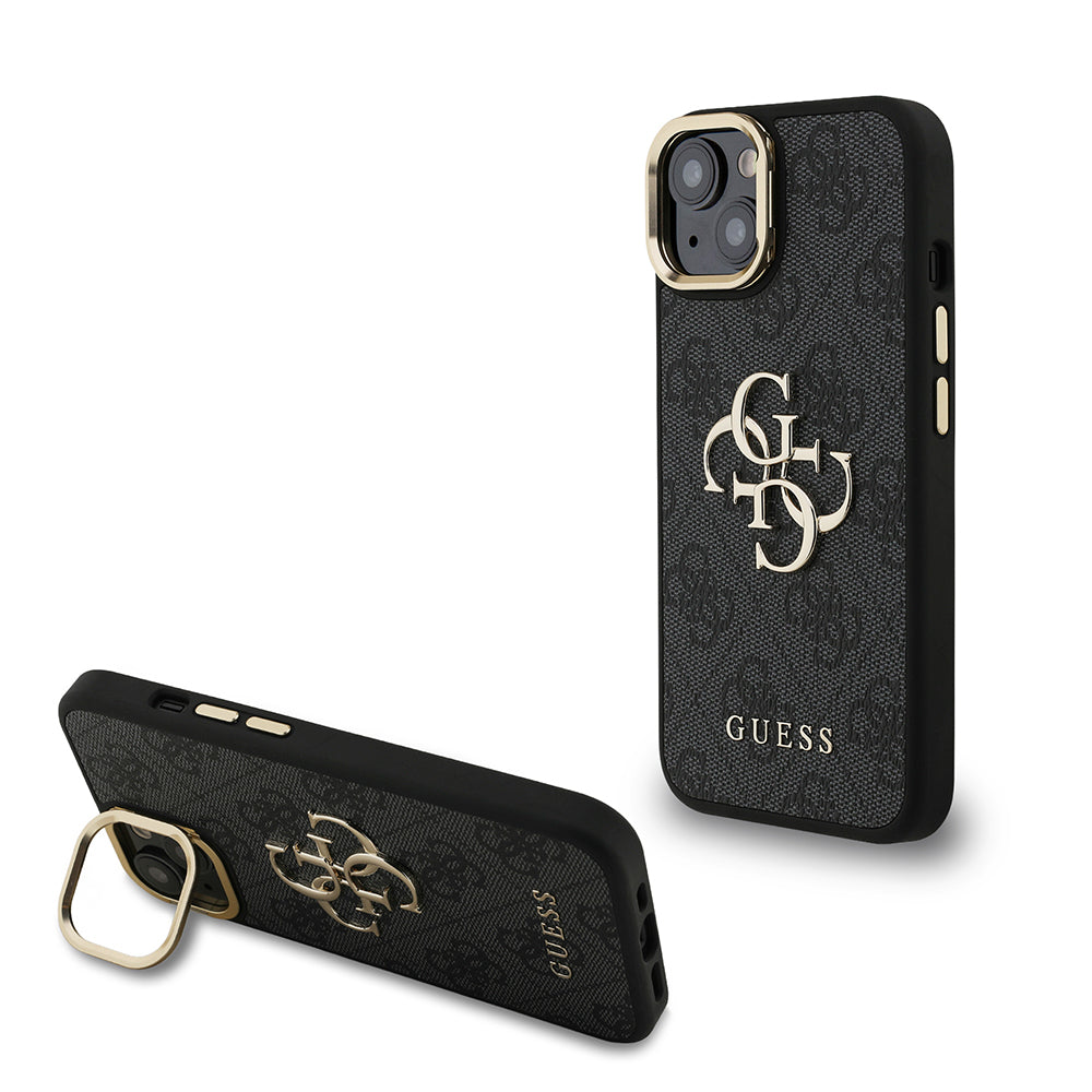 iPhone 15 Kılıf Guess Orjinal Lisanslı PU Deri 4G Desenli Metal Büyük 4G ve Yazı Logolu Kamera Standlı Kapak
