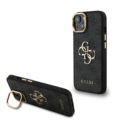 iPhone 15 Kılıf Guess Orjinal Lisanslı PU Deri 4G Desenli Metal Büyük 4G ve Yazı Logolu Kamera Standlı Kapak