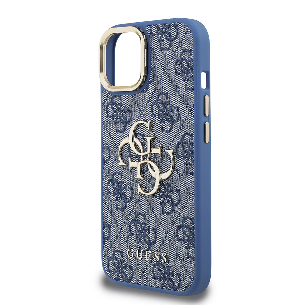 iPhone 15 Kılıf Guess Orjinal Lisanslı PU Deri 4G Desenli Metal Büyük 4G ve Yazı Logolu Kamera Standlı Kapak