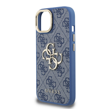 iPhone 15 Kılıf Guess Orjinal Lisanslı PU Deri 4G Desenli Metal Büyük 4G ve Yazı Logolu Kamera Standlı Kapak