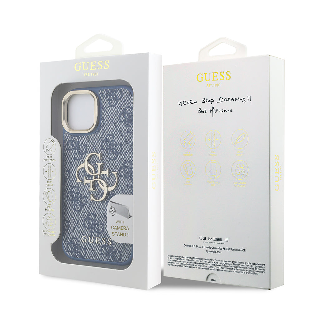 iPhone 15 Kılıf Guess Orjinal Lisanslı PU Deri 4G Desenli Metal Büyük 4G ve Yazı Logolu Kamera Standlı Kapak