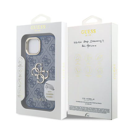 iPhone 15 Kılıf Guess Orjinal Lisanslı PU Deri 4G Desenli Metal Büyük 4G ve Yazı Logolu Kamera Standlı Kapak
