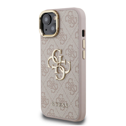 iPhone 15 Kılıf Guess Orjinal Lisanslı PU Deri 4G Desenli Metal Büyük 4G ve Yazı Logolu Kamera Standlı Kapak