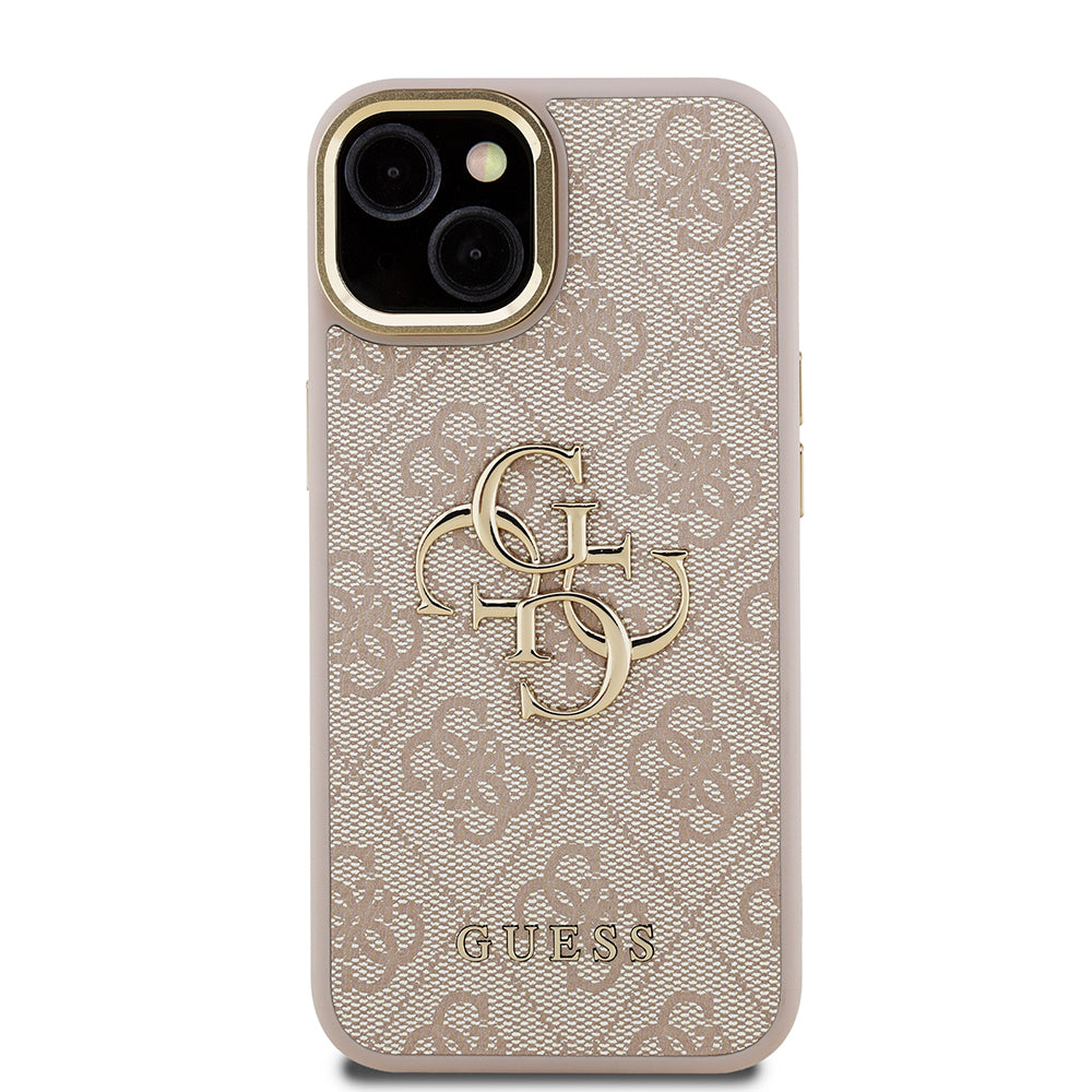 iPhone 15 Kılıf Guess Orjinal Lisanslı PU Deri 4G Desenli Metal Büyük 4G ve Yazı Logolu Kamera Standlı Kapak