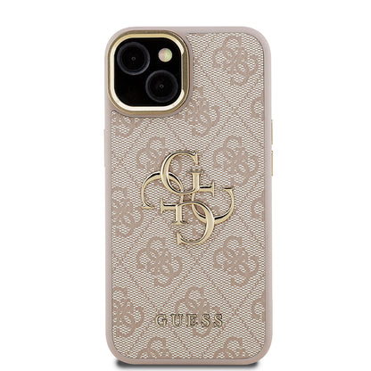 iPhone 15 Kılıf Guess Orjinal Lisanslı PU Deri 4G Desenli Metal Büyük 4G ve Yazı Logolu Kamera Standlı Kapak