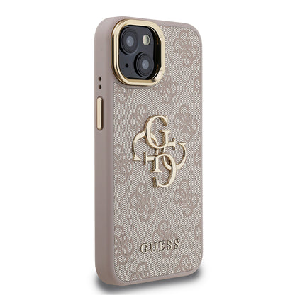 iPhone 15 Kılıf Guess Orjinal Lisanslı PU Deri 4G Desenli Metal Büyük 4G ve Yazı Logolu Kamera Standlı Kapak