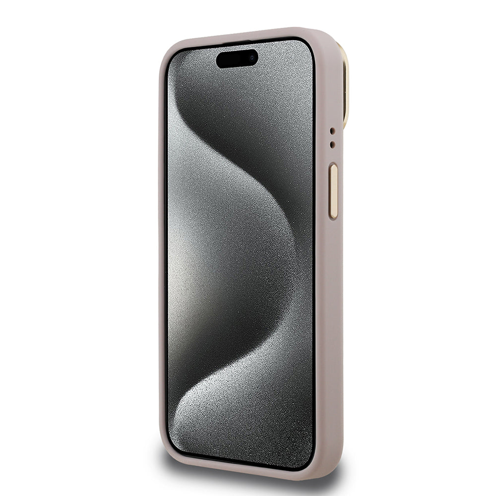 iPhone 15 Kılıf Guess Orjinal Lisanslı PU Deri 4G Desenli Metal Büyük 4G ve Yazı Logolu Kamera Standlı Kapak
