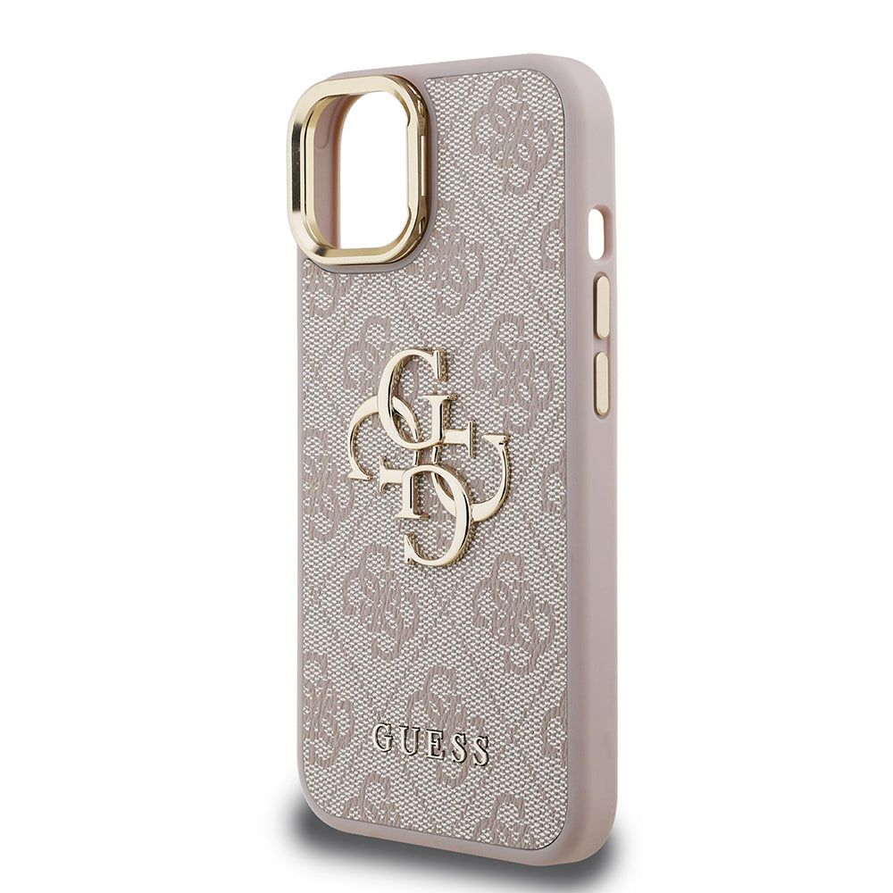 iPhone 15 Kılıf Guess Orjinal Lisanslı PU Deri 4G Desenli Metal Büyük 4G ve Yazı Logolu Kamera Standlı Kapak
