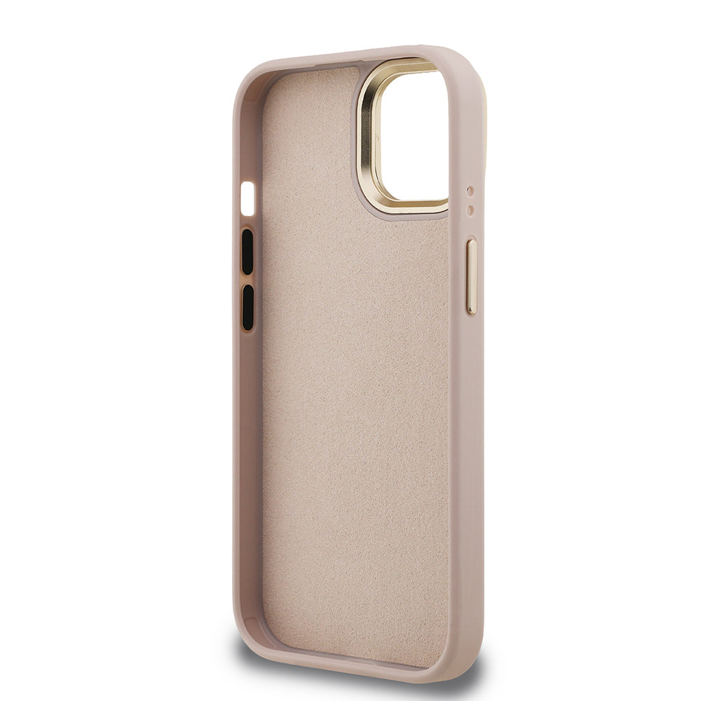 iPhone 15 Kılıf Guess Orjinal Lisanslı PU Deri 4G Desenli Metal Büyük 4G ve Yazı Logolu Kamera Standlı Kapak