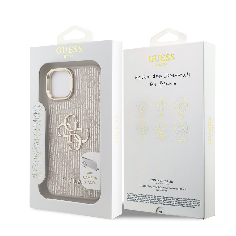 iPhone 15 Kılıf Guess Orjinal Lisanslı PU Deri 4G Desenli Metal Büyük 4G ve Yazı Logolu Kamera Standlı Kapak