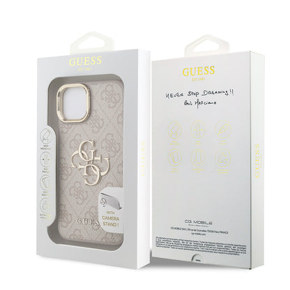 iPhone 15 Kılıf Guess Orjinal Lisanslı PU Deri 4G Desenli Metal Büyük 4G ve Yazı Logolu Kamera Standlı Kapak