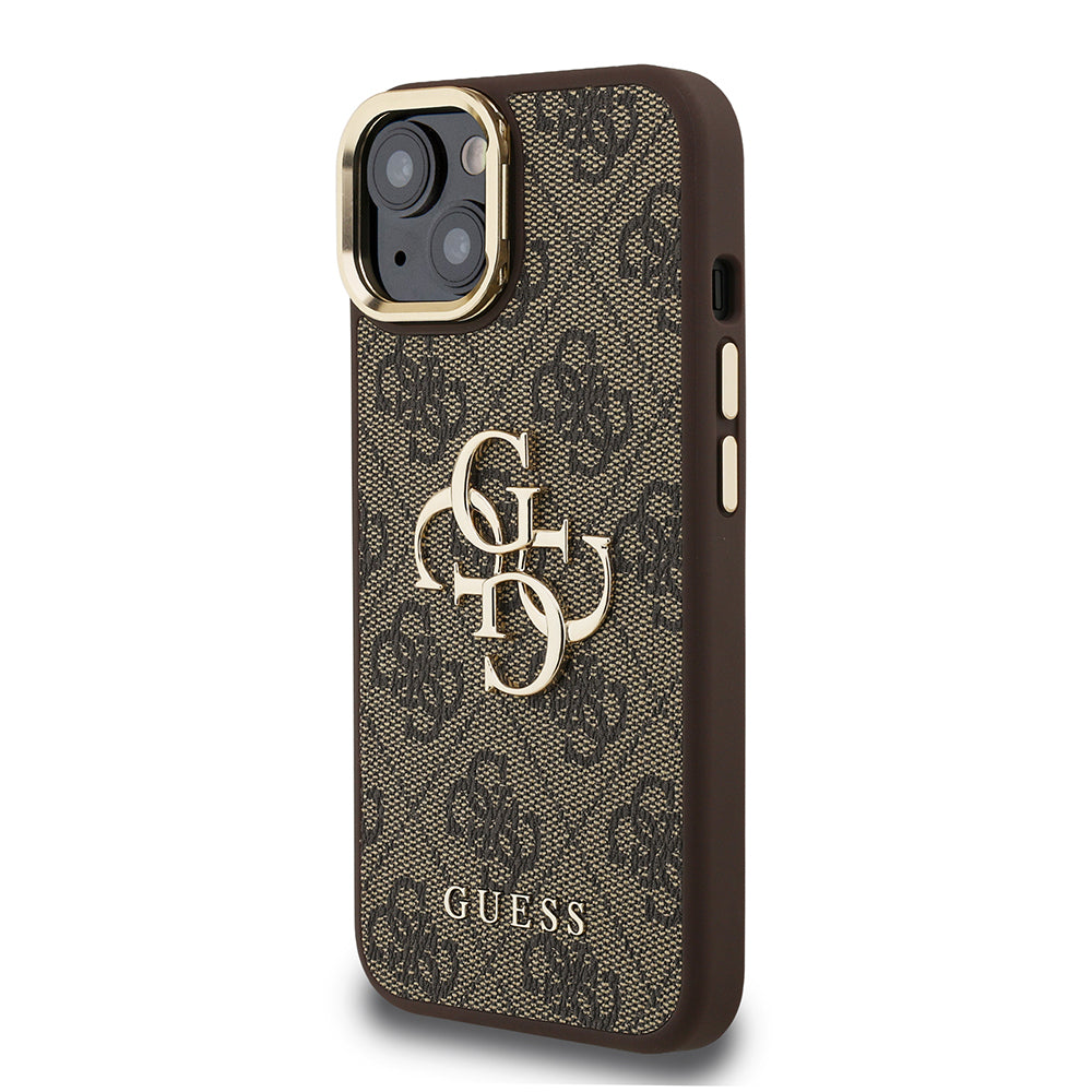 iPhone 15 Kılıf Guess Orjinal Lisanslı PU Deri 4G Desenli Metal Büyük 4G ve Yazı Logolu Kamera Standlı Kapak