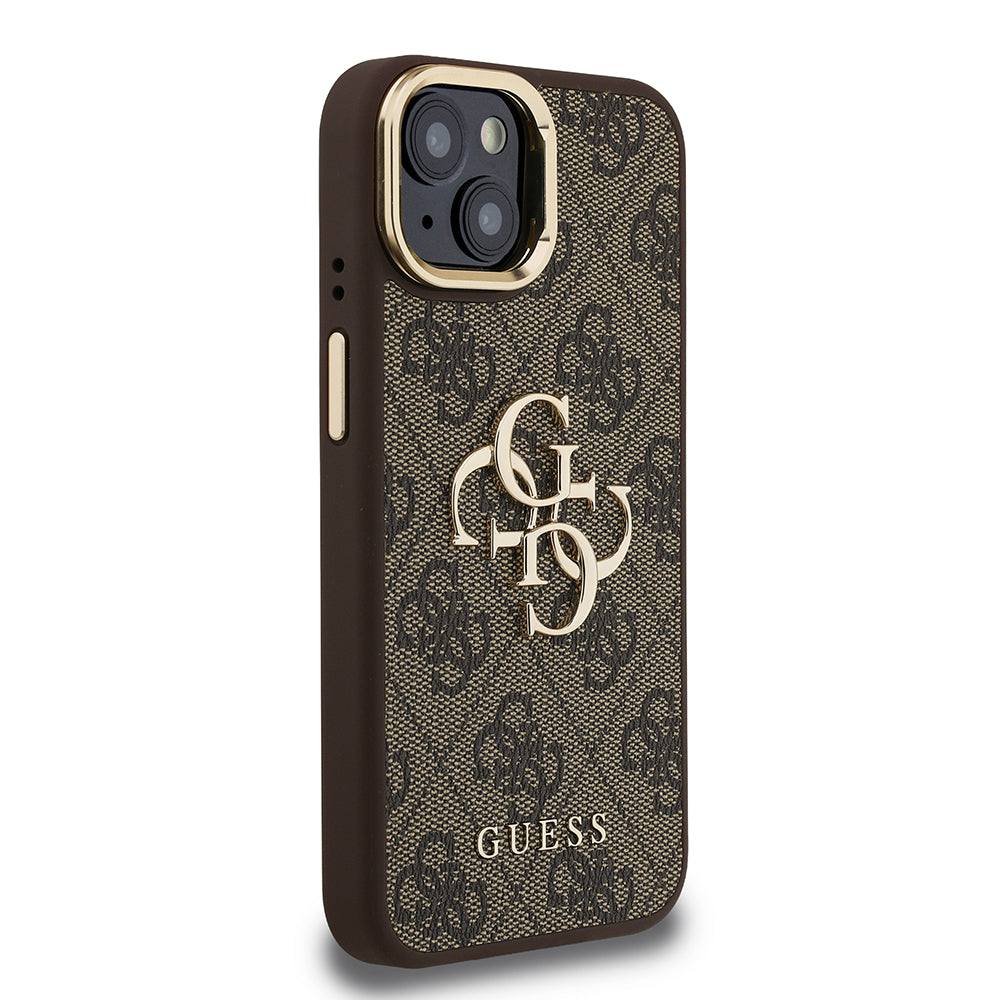 iPhone 15 Kılıf Guess Orjinal Lisanslı PU Deri 4G Desenli Metal Büyük 4G ve Yazı Logolu Kamera Standlı Kapak