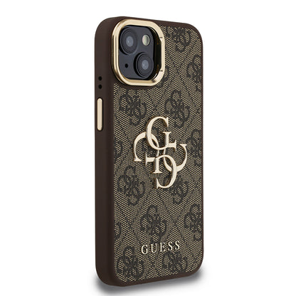 iPhone 15 Kılıf Guess Orjinal Lisanslı PU Deri 4G Desenli Metal Büyük 4G ve Yazı Logolu Kamera Standlı Kapak
