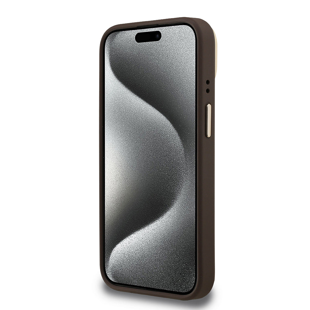 iPhone 15 Kılıf Guess Orjinal Lisanslı PU Deri 4G Desenli Metal Büyük 4G ve Yazı Logolu Kamera Standlı Kapak
