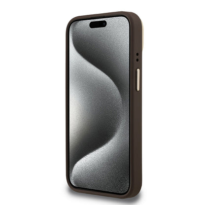 iPhone 15 Kılıf Guess Orjinal Lisanslı PU Deri 4G Desenli Metal Büyük 4G ve Yazı Logolu Kamera Standlı Kapak