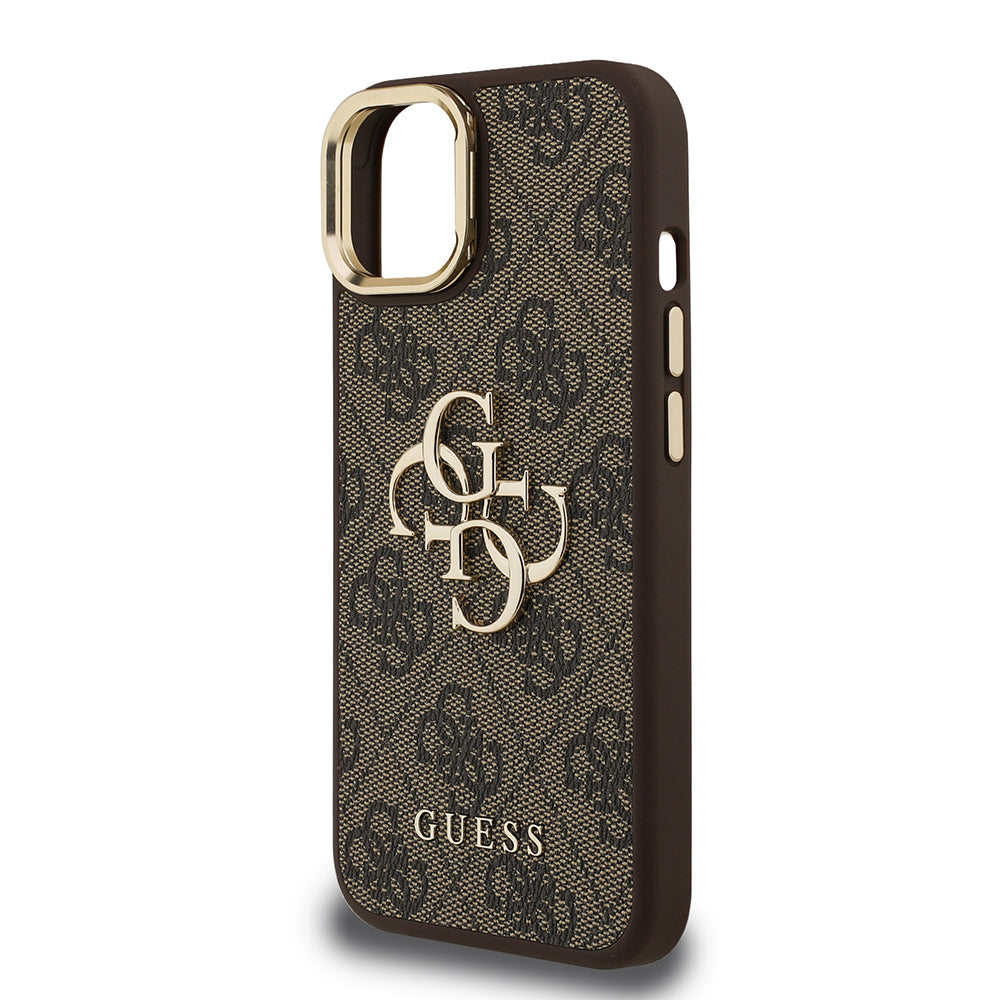 iPhone 15 Kılıf Guess Orjinal Lisanslı PU Deri 4G Desenli Metal Büyük 4G ve Yazı Logolu Kamera Standlı Kapak