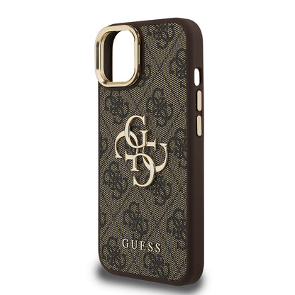 iPhone 15 Kılıf Guess Orjinal Lisanslı PU Deri 4G Desenli Metal Büyük 4G ve Yazı Logolu Kamera Standlı Kapak