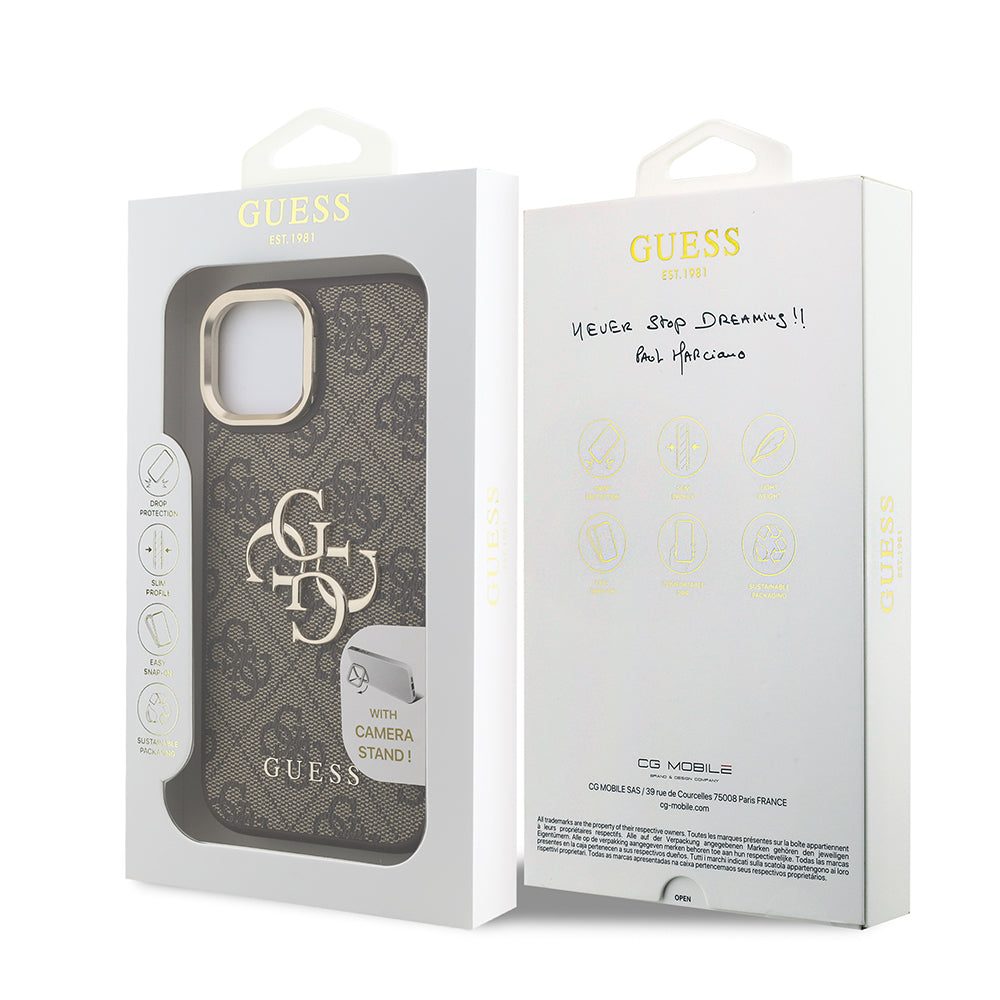 iPhone 15 Kılıf Guess Orjinal Lisanslı PU Deri 4G Desenli Metal Büyük 4G ve Yazı Logolu Kamera Standlı Kapak
