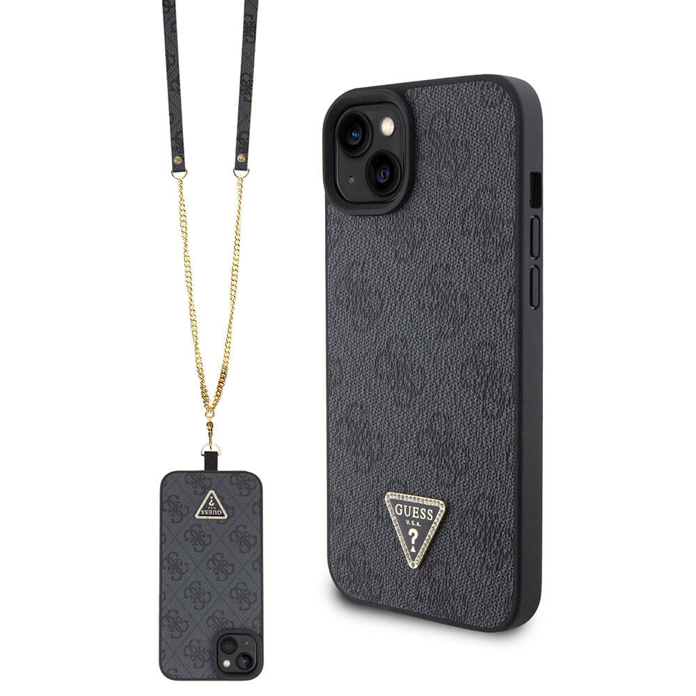 iPhone 15 Kılıf Guess Orjinal Lisanslı PU Deri Askılı Taşlı Üçgen Logo 4G Desenli Strass Crossbody Kapak