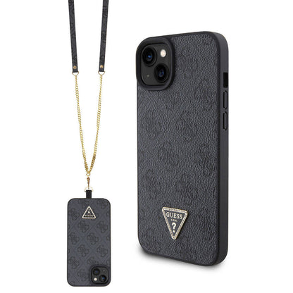 iPhone 15 Kılıf Guess Orjinal Lisanslı PU Deri Askılı Taşlı Üçgen Logo 4G Desenli Strass Crossbody Kapak