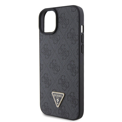 iPhone 15 Kılıf Guess Orjinal Lisanslı PU Deri Askılı Taşlı Üçgen Logo 4G Desenli Strass Crossbody Kapak