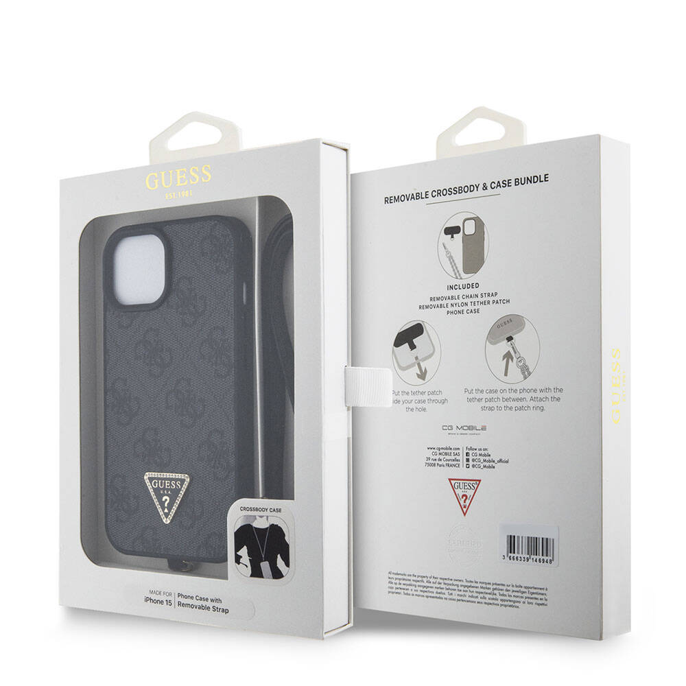 iPhone 15 Kılıf Guess Orjinal Lisanslı PU Deri Askılı Taşlı Üçgen Logo 4G Desenli Strass Crossbody Kapak