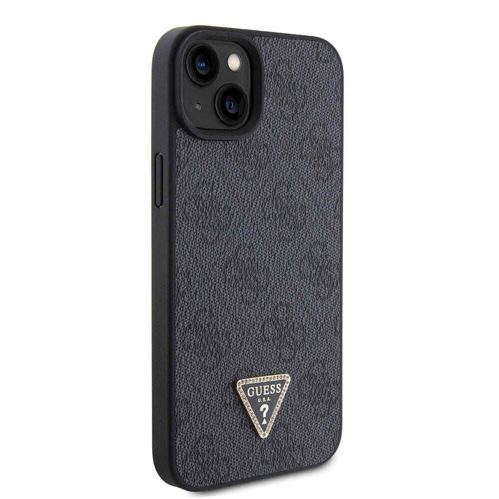 iPhone 15 Kılıf Guess Orjinal Lisanslı PU Deri Askılı Taşlı Üçgen Logo 4G Desenli Strass Crossbody Kapak