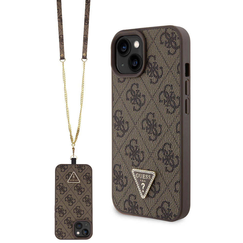 iPhone 15 Kılıf Guess Orjinal Lisanslı PU Deri Askılı Taşlı Üçgen Logo 4G Desenli Strass Crossbody Kapak