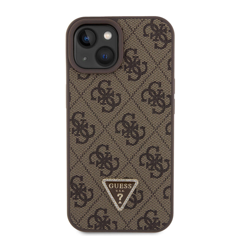 iPhone 15 Kılıf Guess Orjinal Lisanslı PU Deri Askılı Taşlı Üçgen Logo 4G Desenli Strass Crossbody Kapak