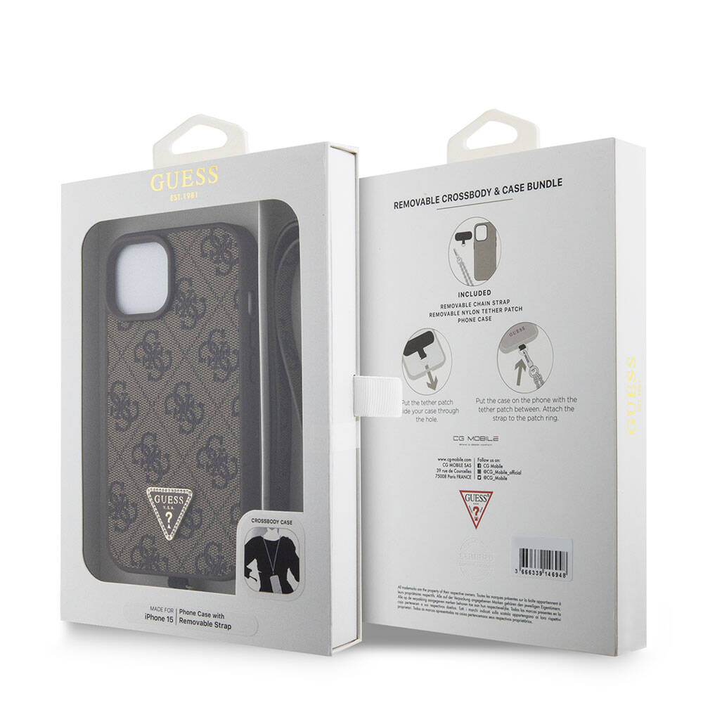 iPhone 15 Kılıf Guess Orjinal Lisanslı PU Deri Askılı Taşlı Üçgen Logo 4G Desenli Strass Crossbody Kapak