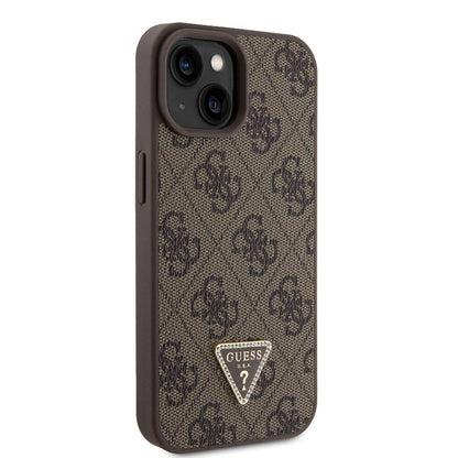 iPhone 15 Kılıf Guess Orjinal Lisanslı PU Deri Askılı Taşlı Üçgen Logo 4G Desenli Strass Crossbody Kapak