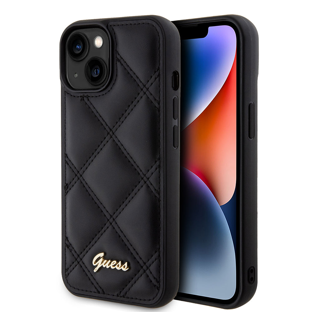 iPhone 15 Kılıf Guess Orjinal Lisanslı PU Deri Metal Yazı Logolu Kapitone Kapak